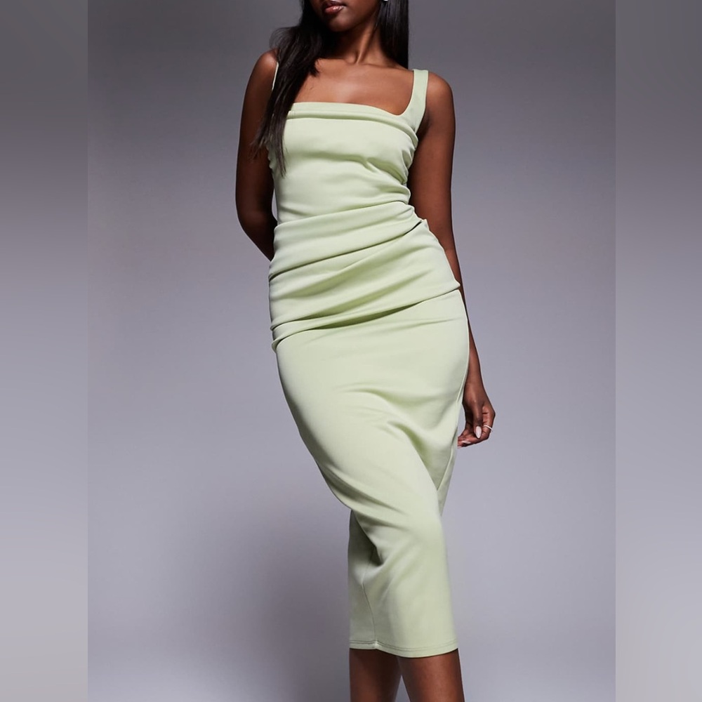 ASOS Square-Neck ruched Midi Dress in Light Green